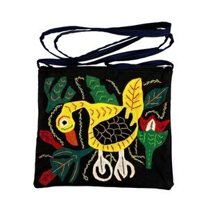 Vintage 1990s Cloth Purse Hand Appliqued Bird Double Pockets Zippered Boho 6.5"